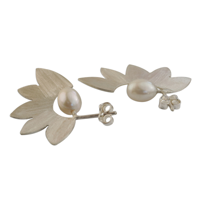 Cultured pearl half-hoop earrings, 'Soaring Wings' - 950 Silver and Cultured Pearl Half-Hoop Earrings