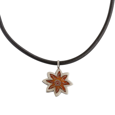 Silver and enamel pendant necklace, 'Sunny Spring' - Leather and Silver 950 Pendant Necklace