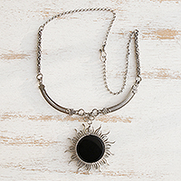 Agate pendant necklace, 'Dark Sunrise' - Black Agate Sun Pendant Necklace from Brazil