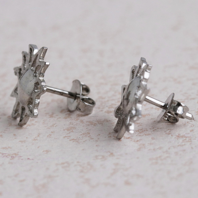 Sterling silver button earrings, 'Cool Sun' - Sun Button Earrings in Sterling Silver