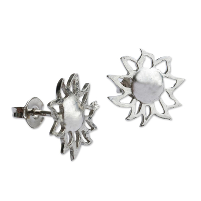 Sterling silver button earrings, 'Cool Sun' - Sun Button Earrings in Sterling Silver
