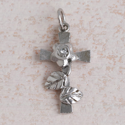 Diamond and rhodium plated sterling silver pendant, 'Cross of Roses' - Cross and Rose Pendant with Genuine Diamond