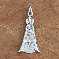 Diamond and rhodium plated sterling silver pendant, 'Our Lady of Fatima' - Blessed Virgin Rhodium Plated Pendant with Diamond