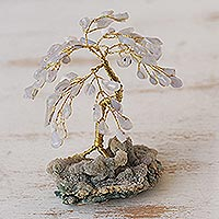 Edelsteinskulptur, „Baum des Gleichgewichts“ – Baumskulptur aus grauem Achat und Calcit