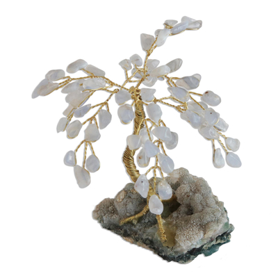 Gemstone sculpture, 'Tree of Balance' - Grey Agate and Calcite Tree Sculpture