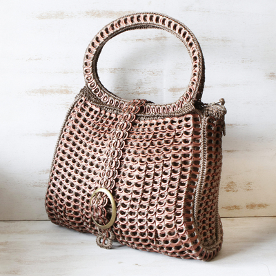 Soda pop-top handle handbag, 'Coppery Color' - Coppery Crocheted Recycled Soda Pop-Top Handbag