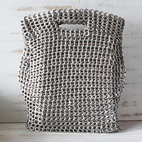 Soda pop-top handle handbag, 'Silvery Curves' - Silvery Brazil Eco-Art Recycled Pop-Top Handle Handbag