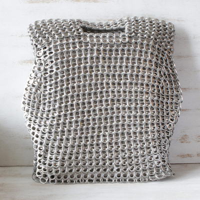 Soda pop-top handle handbag, 'Silvery Curves' - Silvery Brazil Eco-Art Recycled Pop-Top Handle Handbag