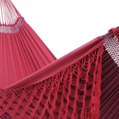 Reversible cotton hammock, 'Rosy Hibiscus' (double) - Artisan Crafted Double Cotton Hammock in Red