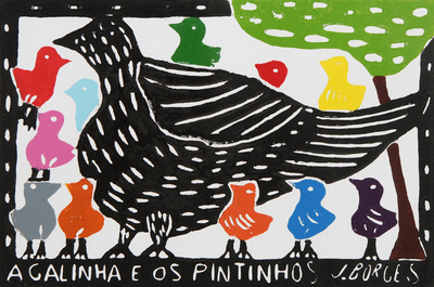 'The Hen and Her Chicks' - Bird Family Multicolor Woodcut Print by J. Borges in Brazil