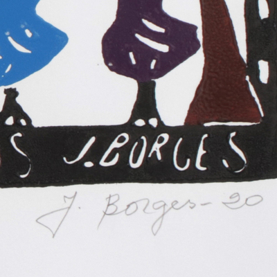 Die Henne und ihre Küken - Vogelfamilie Mehrfarbiger Holzschnitt von <span data-gp-noloc='node'>J. Borges</span> in Brasilien