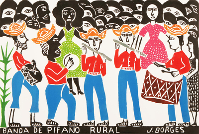 'Rural Fife Band I' - Fife Band Portrait Mehrfarbiger Holzschnittdruck von <span>J. Borges</span>