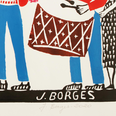 'Rural Fife Band I' - Fife Band Portrait Multicolour Woodcut Print by J. Borges