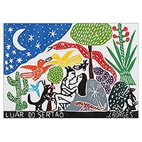 'Luna en el campo' - Brasil Eden Paisaje Grabado en madera multicolor por J. Borges