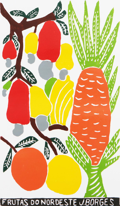 Brazil Tropical Fruit Color Woodcut Print by J. Borges