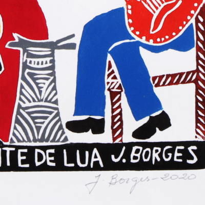 'Back-Country in Moonlight' - Small Town Serenade Color Woodcut Print by J. Borges Brazil