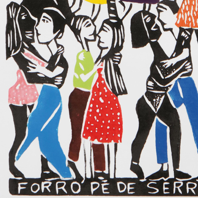 'Dance at the Mountain's Foot' - Small Town Dance Color Woodcut Print by J. Borges in Brazil