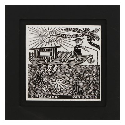 Ceramic tile, 'The Fisherman' - Framed B&W Fisherman Woodcut Print on Ceramic