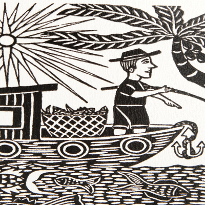 Baldosa de cerámica, 'El pescador' - Impresión en madera enmarcada de pescador en blanco y negro sobre cerámica