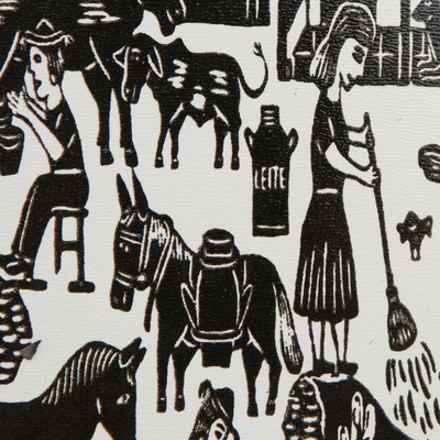 Azulejos de cerámica - Pareja de xilografías de cerámica brasileña en blanco y negro enmarcadas
