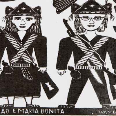 Azulejos de cerámica - 3 Trío de grabados en madera de Brasil en blanco y negro enmarcados sobre baldosas de cerámica