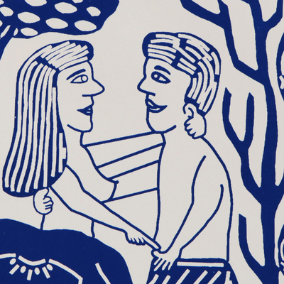 'Country Courtship' - Blauer und weißer brasilianischer Holzschnittdruck für junge Liebhaber