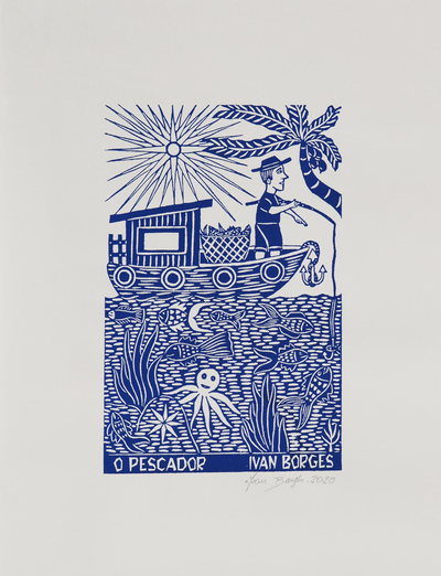 Fisherman and Boat Blue and White Brazilian Woodcut Print