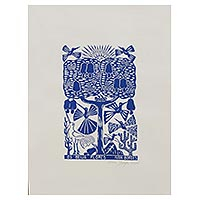 'Los colibríes' - Hummingbird Garden Blue and White Brazilian Woodcut Print