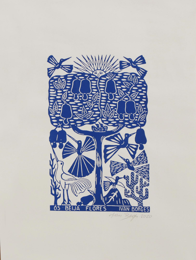 'The Hummingbirds' - Hummingbird Garden Blue and White Brazilian Woodcut Print