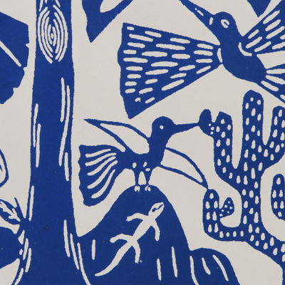 'The Hummingbirds' - Hummingbird Garden Blue and White Brazilian Woodcut Print