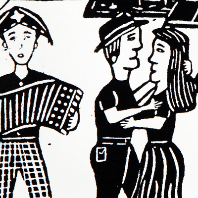 'Dance on the Farm' - Brazilian Country Town Dance Black and White Woodcut Print