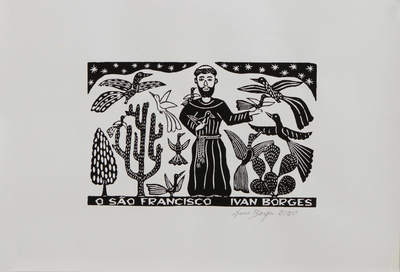 'Saint Francis' - St Francis Teaches Birds Black/White Brazilian Woodcut Print