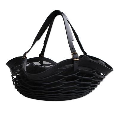 Leather shoulder bag, 'Black Sambura' (16 inch) - Expandable and Collapsible Leather Shoulder Bag (16 inch)