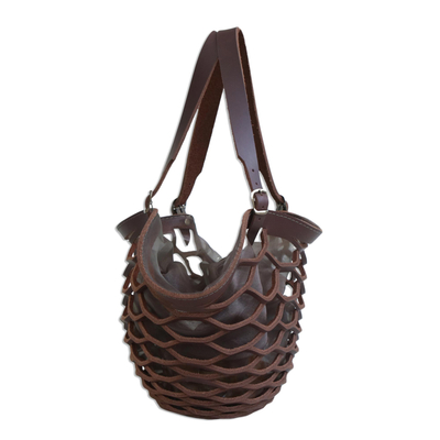 Leather shoulder bag, 'Espresso Sambura' (16 inch) - Dark Brown Expandable Leather Shoulder Bag (16 inch)