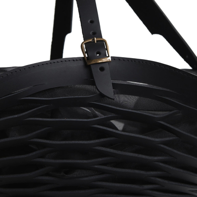 Leather shoulder bag, 'Black Sambura' (13 inch) - Hand Crafted Black Leather Shoulder Bag (13 Inch)