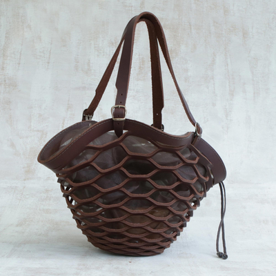 Leather shoulder bag, 'Espresso Sambura' (13 inch) - Unique Brown Leather Collapsible Shoulder bag (13 Inch)