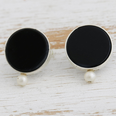 Agate and cultured pearl drop earrings, 'Midnight Orbit' - Black Agate and White Cultured Pearl Drop Earrings