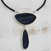 Agate Y necklace, 'Infinite Blue Depths' - Blue Agate Gemstone and Black Leather Cord Necklace