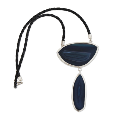 Collar Y de ágata - Collar de piedras preciosas de ágata azul y cordón de cuero negro