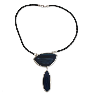 Y-Halskette aus Achat - Halskette aus blauem Achat-Edelstein und schwarzem Lederband