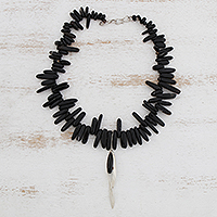 Beaded agate pendant necklace, 'Midnight in Rio' - Black Agate Statement Necklace from Brazil