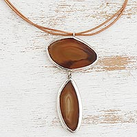 Agate pendant necklace, 'Infinite Caramel' - Caramel Agate Gemstone and Black Leather Cord Necklace
