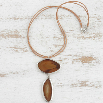 Agate pendant necklace, 'Infinite Caramel' - Caramel Agate Gemstone and Black Leather Cord Necklace
