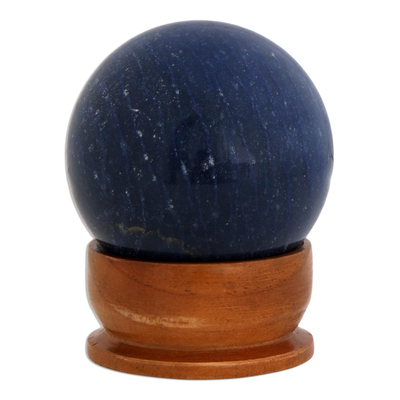 Quartz sphere sculpture, 'Blue Horizon' - Blue Quartz Sphere on Wood Base