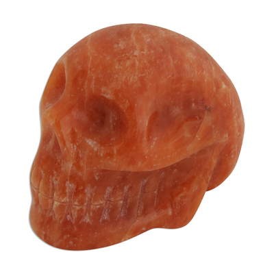 Calcite figurine, 'Tangerine Skull' - Brazilian Petite Orange Calcite Skull Sculpture