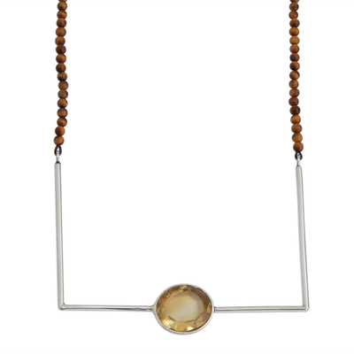 Citrine and tiger's eye pendant necklace, 'Rio Trapeze' - Modern Citrine and Tiger's Eye Necklace from Brazil