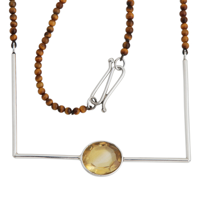 Citrine and tiger's eye pendant necklace, 'Rio Trapeze' - Modern Citrine and Tiger's Eye Necklace from Brazil