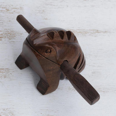 Wood rasp percussion instrument, 'Frog Music' - Hand Carved Wood Frog Rasp Instrument