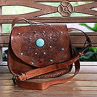 Leather shoulder bag, 'Turquoise Mandala'