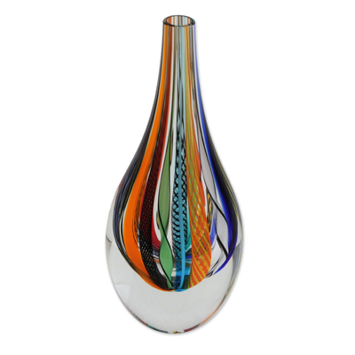 Art glass vase, 'Color Cascade' (9 inch) - Murano-Style Colorful Art Glass Vase (9 Inch)